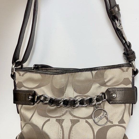 Coach Womens Brown Tan Sateen Signature Chain Duffle Convertible Crossbody Bag - Picture 2 of 15